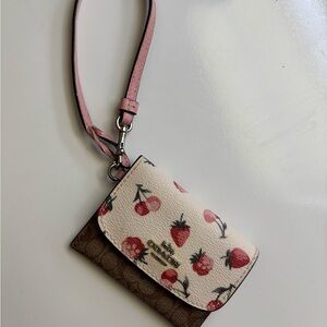 Coach Pink and Brown Wristlet with Strawberry Print